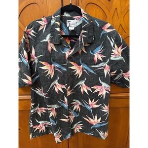 Y Not Hawaii Mens XL Bird of Paradise Floral Aloha Shirt Black Cotton Made USA